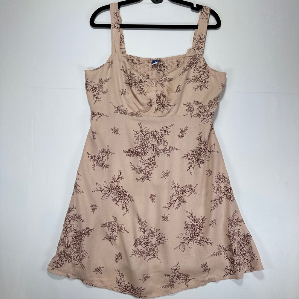 Old Navy Mini Dress Floral Fit and Flare Beige Brown A-Line Pockets Size L